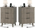 3 Drawers Nightstands Set of 2 w/Charging Station, Modern Fluted Dresser