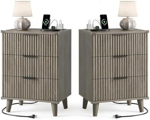 3 Drawers Nightstands Set of 2 w/Charging Station, Modern Fluted Dresser