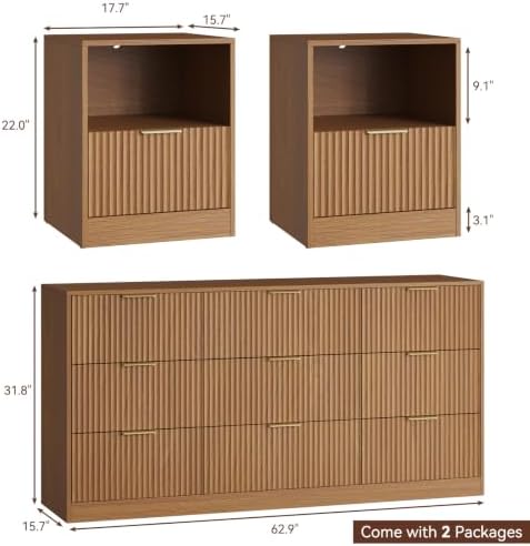 3Pcs 9 Drawer Dresser and 1-Drawer Nightstand Set, Natural Wood丨63 Wide Fluted Bedroom Dresser Set Night Stand Set of 2, Modern Wood Chest of Drawers Storage Dressers Set for Bedroom