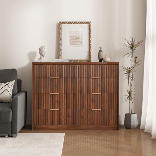 LYNCOHOME Fluted Tall Dresser for Bedroom, 9 Drawer Chest of Drawers,Walnut