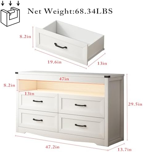 Wodeer White Dresser for Bedroom, Wood 4 Drawer Dresser with LED Light, Dressers & Chests of Drawers with Metal Handles, Storage and Organization for Bedroom, Hallway, Entryway