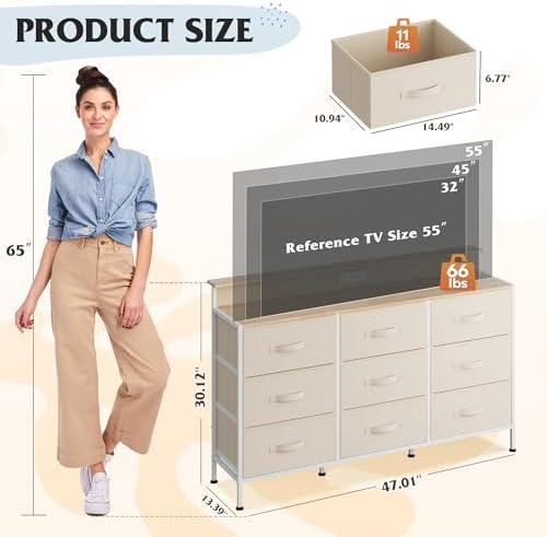 WLIVE Dresser TV Stand 9 Drawers, Fabric Chest of Drawers LED Lights, Cream