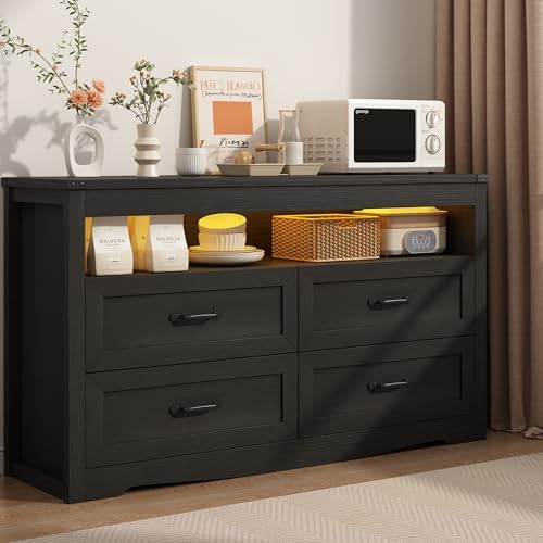 Wodeer Black Dresser for Bedroom, Wood 4 Drawer Dresser with LED Light, Dressers & Chests of Drawers with Metal Handles, Storage and Organization for Bedroom, Hallway, Entryway