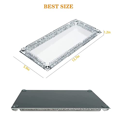 Crystal Glass Serving Tray, Crushed Diamond Filled Modern Glass Mirror Jewelry Trinket Tray, 13.7" x 5.9" Rectangular Makeup Perfume Tray for Bedroom Dresser, Home Decor, Banquet,Party(Silver) - color: Silver a
