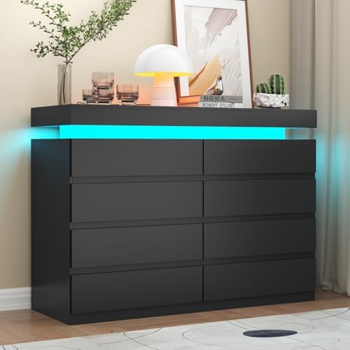Gyfimoie 8 Drawer Dresser with Power Outlet, Modern Dresser with LED Light