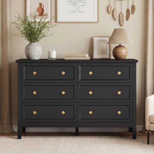 CARPETNAL 47" Black Dresser for Bedroom with Modern Gold Handles & 6 Drawer