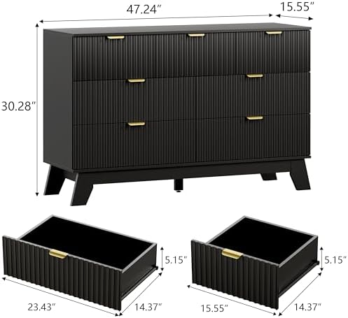 Wodeer 7 Drawer Fluted Dresser for Bedroom, Mid Century Modern Dresser with 7 Drawers, Dressers & Chests of Drawers with Metal Handle, TV Stand & Storage Organizer for Entryway, Hallway, Black