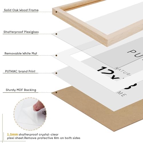 puthiac 12x18 Solid Oak Wood Picture Frame, Natural Oak, 1 Pack