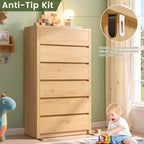 55.6” Tall Dresser with 6 Drawers, Natural Dresser & Chest of Drawers, Wooden Dresser for Bedroom, Living Room, Hallway, Wood Drawer Organizer, Front Curved & Handleless Design