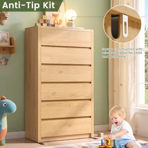 55.6” Tall Dresser with 6 Drawers, Natural Dresser & Chest of Drawers, Wooden Dresser for Bedroom, Living Room, Hallway, Wood Drawer Organizer, Front Curved & Handleless Design