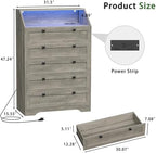 Wodeer Grey Dresser Tall 5 Drawer Dresser for Bedroom, Wood Chest of Drawers with LED Lights, Charging Station, Metal Handles, Modern Storage Cabinet and Organizer Drawers for Living Room, Hallway
