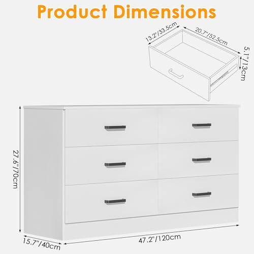 Bigbiglife Wood Dresser for Bedroom, 6 Drawer Double Dresser, Modern Chest of Drawers with Deep Drawers, Large Storage Organizer for Living Room, Closet (White)