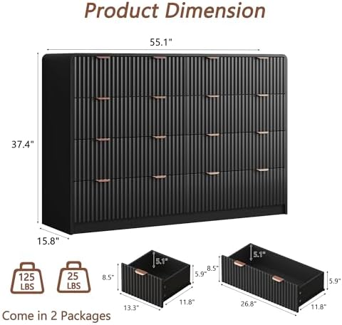 HOUROM 55“ Wide Black Fluted Dresser for Bedroom with 10 Drawers