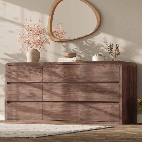 Modern 63" Wide 9 Drawers Dresser with Curved Profile Design,Walnut