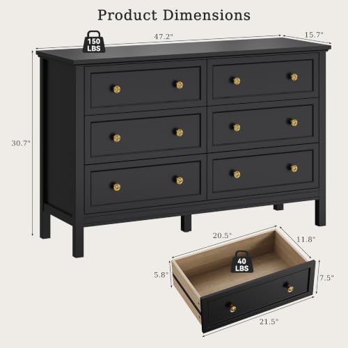 CARPETNAL 47" Black Dresser for Bedroom with Modern Gold Handles & 6 Drawer