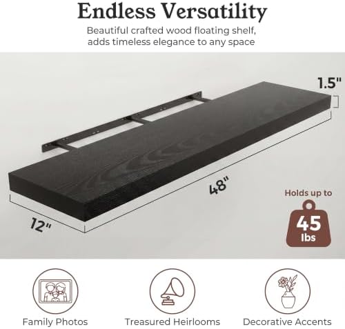 48" Black Floating Shelves 12inch Deep Wall Shelf, Set of 1