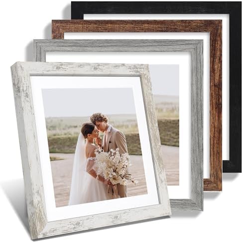 Hongkee 12x12 Picture Frame Set of 4, Made of Made of Glass and Multicolour Wooden Frame, 12 by 12 Photo for Wall or Tabletop - Display Picture 10x10 with Mat or 12x12 Without Mat