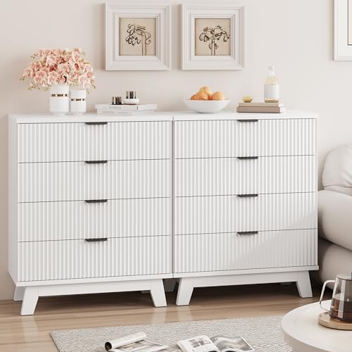 Xixini Fluted Nightstand with 4 Drawers, 31.5" Wide Side Table, White