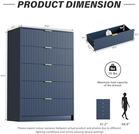 Furniway Blue Dresser for Bedroom, Modern Dresser with 5 Drawers and Smooth Slides, Wide Chest of Drawers with Golden Handles for Bedroom, Living Room, Closet, 15.7" D x 31.5" W x 47.2" H