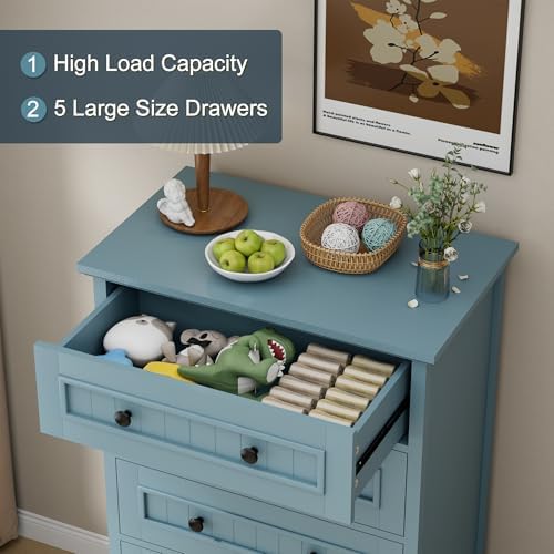 42.7'' Tall 5 Drawer Dresser for Bedroom, Vintage Blue Wood Storage Chest