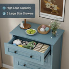 42.7'' Tall 5 Drawer Dresser for Bedroom, Vintage Blue Wood Storage Chest
