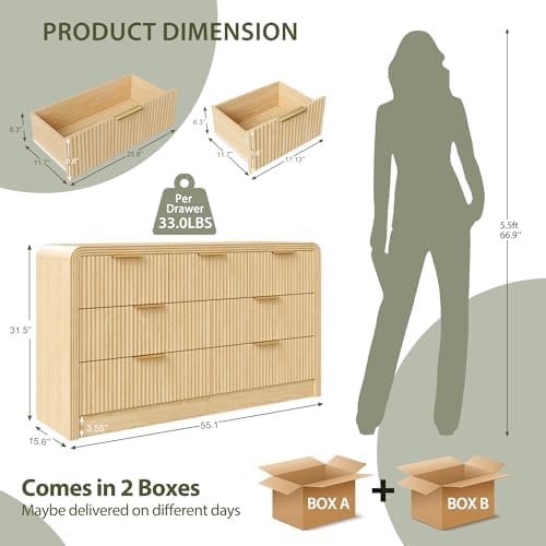 Decofy 55" W Fluted 7-Drawer Dresser for Bedroom, Natural Oak