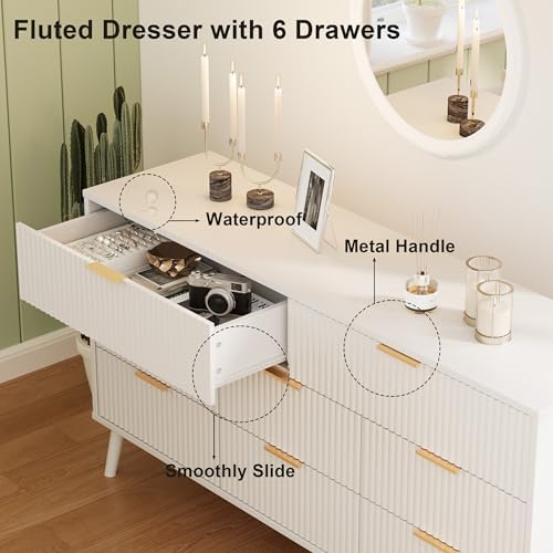 Fluted Dresser for Bedroom with 8 Drawers, Wooden Dresser with Metal Handle, White Dresser for Bedroom, Wood Closet for Hallway, Modern Storage Organizer for Living Room BDR104WW