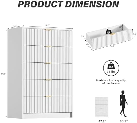 Furniway White Dresser for Bedroom, Modern Dresser with 5 Drawers and Smooth Slides, Wide Chest of Drawers with Golden Handles for Bedroom, Living Room, Closet, 15.7" D x 31.5" W x 47.2" H