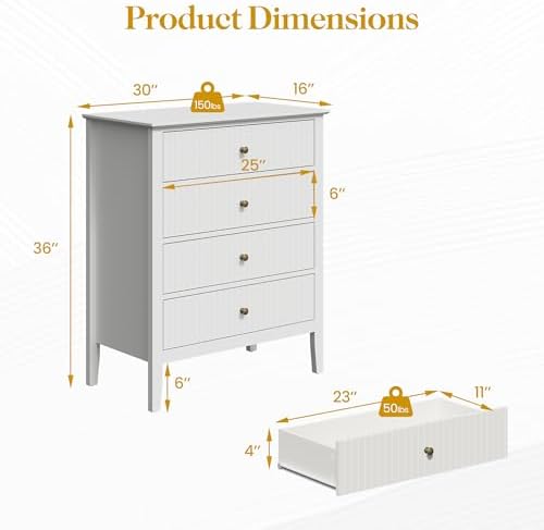 RoyalCraft White Fluted 4 Drawer Dresser for Bedroom, Modern Chest of Drawers, Wood Dresser for Storage Clothes, Wooden Storage Cabinet Nightstand for Bedroom, Hallway, Living Room, Entryway