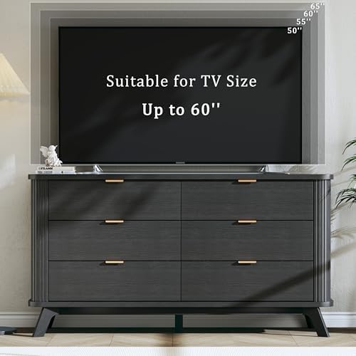 HUAHUU Fluted 6 Drawers Dresser for Bedroom, 55" Mid Century Modern & Chests of Drawers, Curved Profile Design, TV Stand, Wood Storage Dresser for Entryway, Hallway, Black