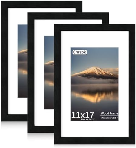 11x17 Poster Frame, Black Wood Frame with 8x12 Mat, 3 Pack