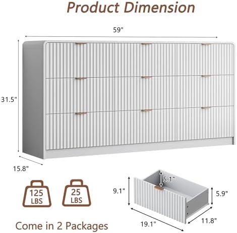 HOUROM 59” Wide White Fluted Dresser for Bedroom with 9 Drawers