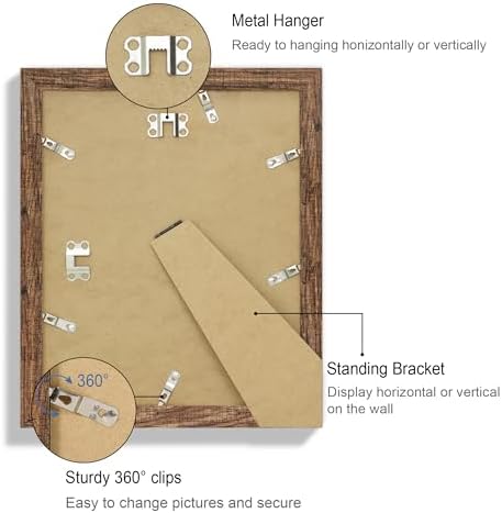 Hongkee 9x11 Picture Frame Set of 4, Made of Real Glass and Rustic Brown Frame - Display Picture 7x9 with Mat or 9x11 Without Mat, 9 by 11 Photo for Wall or Tabletop