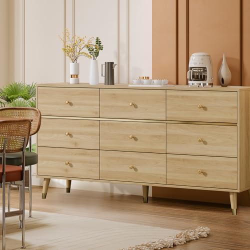 Chrangmay 9 Drawer Dresser,63" Wide Mid Century Modern Chest of Drawers,Wooden Bedroom Drawer Dresser with 9 Storage Drawers for Bedroom, Living Room,with Anti-Tipping Device,Natural