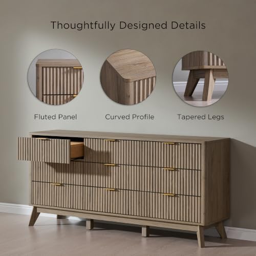 T4TREAM 63" Wide Fluted 9 Drawer Dresser for Bedroom, Grey Alder