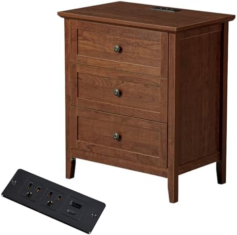 Karl home Brown Farmhouse Nightstand, Wide End Table with Charging Station