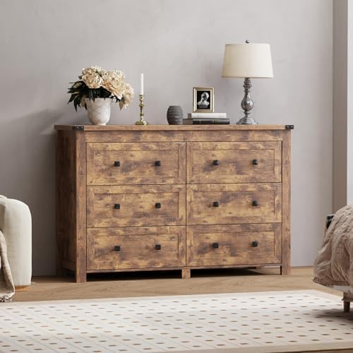 Wodeer 6 Drawer Dresser for Bedroom, Brown Modern Dressers & Chests of Drawers with Metal Handles, Closet Storage Dresser, Storage Cabinet and Organizer with Drawers