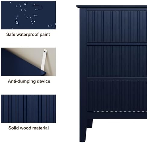 RoyalCraft 32" Large Nightstand, Fluted Painted Wood Dresser with 3 Spacious Drawers, Blue Modern Bedside Table for Bedroom