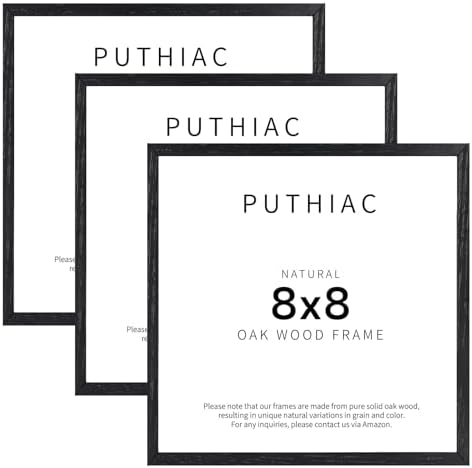puthiac 8x8 Solid Oak Wood Picture Frames, Black, 3 Pack