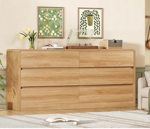 TEENFON 55" Dresser for Bedroom with 6 Drawers, Dressers & Chests of Drawers with Curved Profile Design, 6 Drawer Dresser, Bedroom Dressers, Wood Dressers for Bedroom, Hallway, Natural