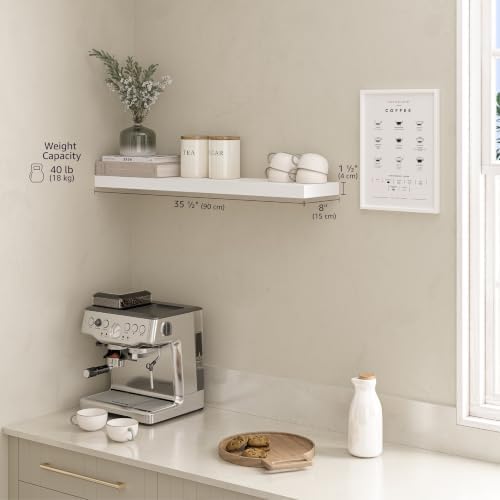 Ballucci Floating Shelf, 36" Wood Wall Shelf with Invisible Brackets for Bathroom, Living Room, Bedroom, Kitchen, Nursery, 8" Deep, White