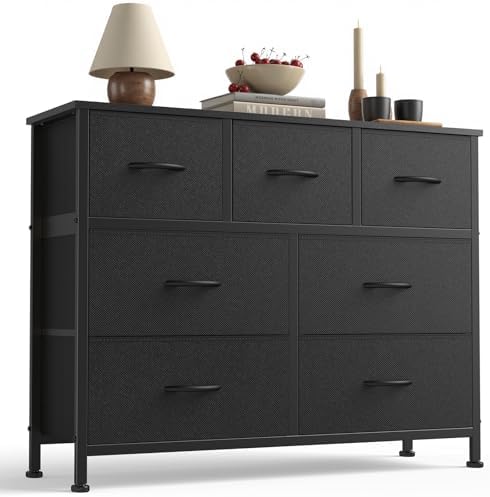 Sweetcrispy 7 Drawer Fabric Dresser for Bedroom Storage with Bins, Black