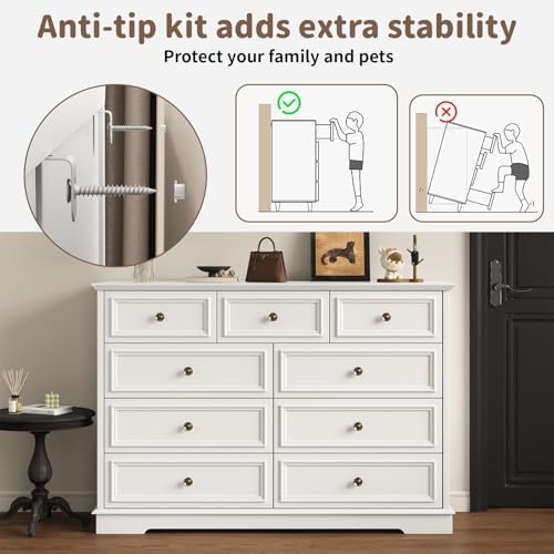 51" Wide Farmhouse 9 Drawer Dresser for Bedroom, White