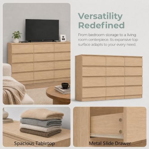 12 Drawer Dresser for Bedroom,Modern Deep Drawer Dresser with No-Handle Design,Storage Wood Chest of Drawer,Storage Organizer Furniture for Closet,Hallway