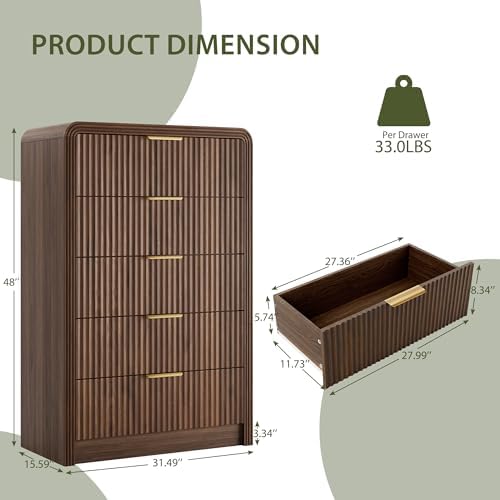Decofy Fluted 5 Drawers Dresser, 48" Tall Chest of Drawers for Bedroom