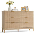LINSY Fluted Dresser for Bedroom with 6 Drawers, Mid Century Modern Chest of Drawers with Gold Metal Handles, Wide Boho Wood Dressers, Large Farmhouse Storage Cabinet for Bedroom, Living Room, Oak