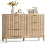 LINSY Fluted Dresser for Bedroom with 6 Drawers, Mid Century Modern Chest of Drawers with Gold Metal Handles, Wide Boho Wood Dressers, Large Farmhouse Storage Cabinet for Bedroom, Living Room, Oak