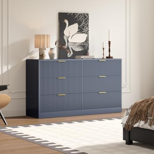 6 Drawer Fluted Dresser for the Bedroom, 55" Wide Wooden Dresser with Deep Drawers, Large Floor Chest of Drawers, Modern Long TV Stand, Storage Cabinet for Livingroom, Hallway, Blue