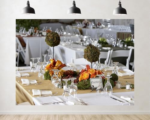 Trykid 5x3ft Wedding Table Centerpieces Backdrop Orange Roses Moss Balls Table Number Thirteen Photography Background Event Styling Tapestry Party Decoration Photo Studio Prop Fabric - size: 5x3ft