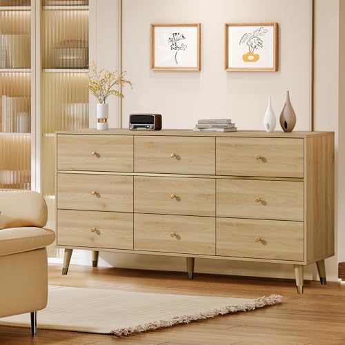 Chrangmay 9 Drawer Dresser,63" Wide Mid Century Modern Chest of Drawers,Wooden Bedroom Drawer Dresser with 9 Storage Drawers for Bedroom, Living Room,with Anti-Tipping Device,Natural